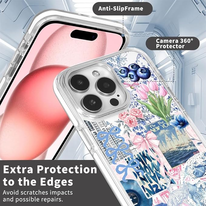 DAIZAG Case for iPhone 16 Pro Max, [Compatible with MagSafe],Phone Case for Women Girls Magnetic Clear Cover,Collage Tulip Lotus Flower Bow Blue