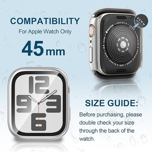 2 in 1 Waterproof Case for Apple Watch Screen Protector 45mm Series 7 8 9 Accessories with Tempered Glass Film Protective & PC Bumper Cover Compatible iWatch 45mm