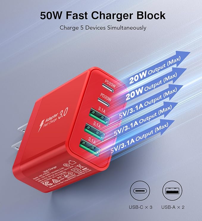 [2-Pack] USB C Wall Charger, 50W Fast USB C Charger Block, 5-Port PD Power Adapter + QC Wall Plug Multiport Type C Charging Block Cube Compatible with iPhone 16 15 14 13 12 11 Pro Max XR XS, Red