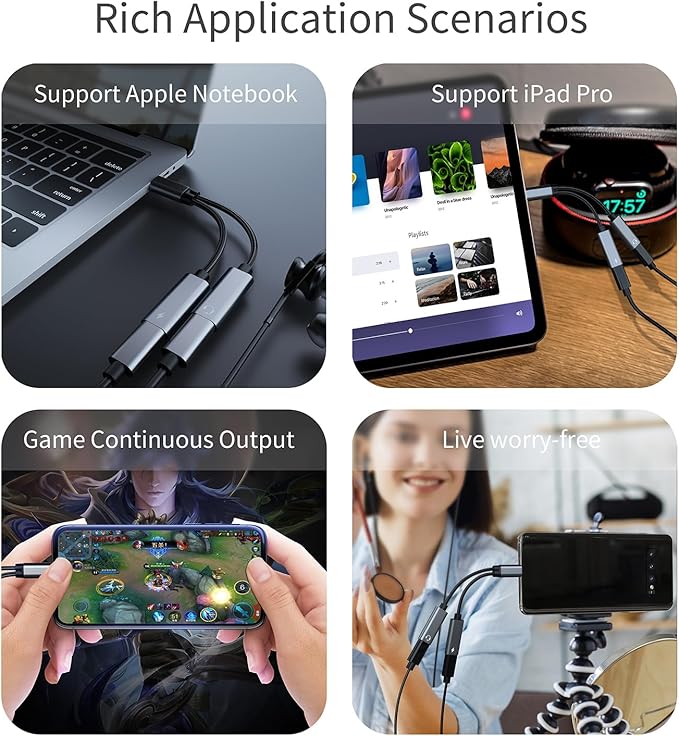 USB C Splitter, Dual USBC Headphone and Charger Adapter, 2-in-1 Type USBC Hi-Res DAC Adapter Audio Dongle Cable with PD 60W Fast Charging Cable for iPhone 16/15 Series & All USB-C Devices