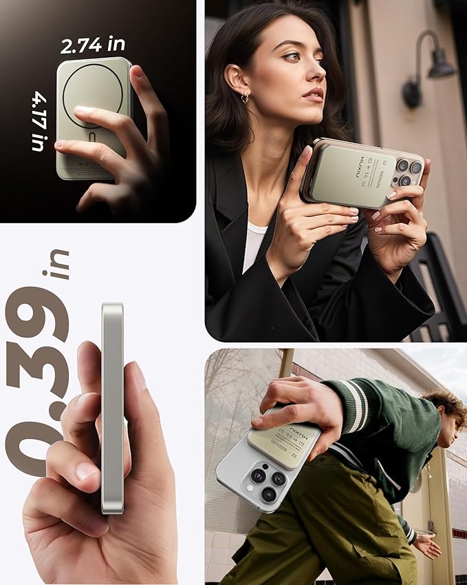 Solid-State Portable Charger for Mag-Safe, 0.39" Ultra Slim Qi2-Certified 15W Magnetic Wireless Power Bank, 5000mAh 20W Fast Charging Battery Pack for iPhone 16/15/14/13/12 Series Only-Titanium