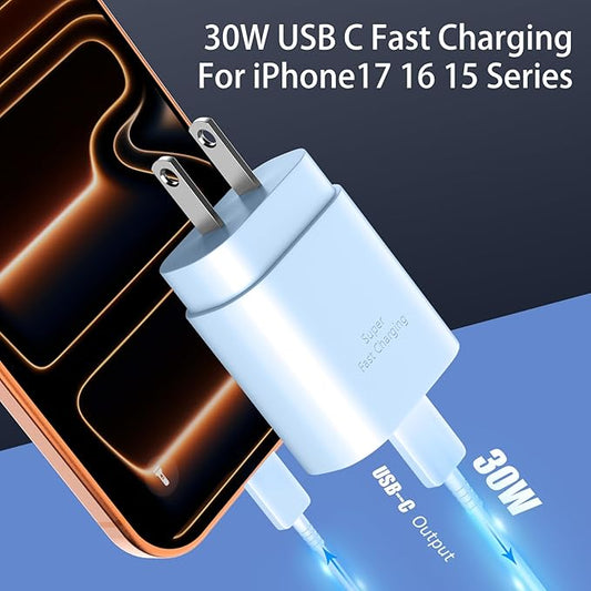 Phone 17 16 15 Charger Fast Charging,30W USB C Phones 17 16 15 Pro Max Charger Block &6.6FT Long Type C Cable Cord for i.Phone 17/17 Air/17Pro/17 Pro Max/16/16 Plus/16 Pro/16Pro Max/15/15 Pro Max,Blue
