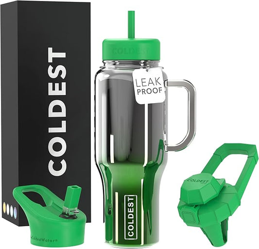 Coldest Tumbler with Handle and Straw - 100% Spill Proof Tumbler with Straw (3 Lids) - Stainless Steel Insulated Leakproof Tumblers for Women & Men - Cup Holder Friendly - 36 oz (Earth Nova)