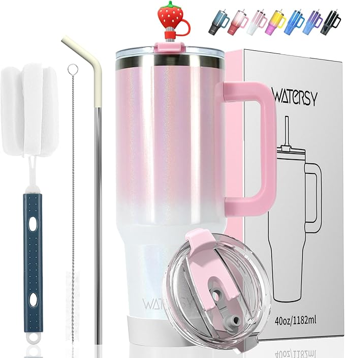 40 oz Shiny Tumbler with Handle and Straw,Stainless Steel Tumbler with Lid and Straw,Insulated Travel Mug(Cold for 34 Hours),Water Bottle for Iced Tea,Coffee (Pink)
