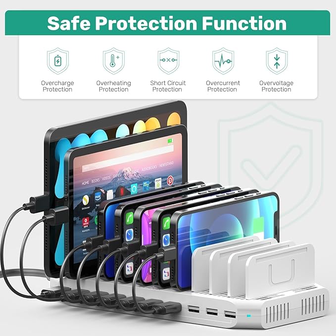 60W 10 Ports USB Charging Station for Multiple Devices, Multiple Charging Station with Adjustable Dividers Compatible with Tablets, Kindle, Smartphones