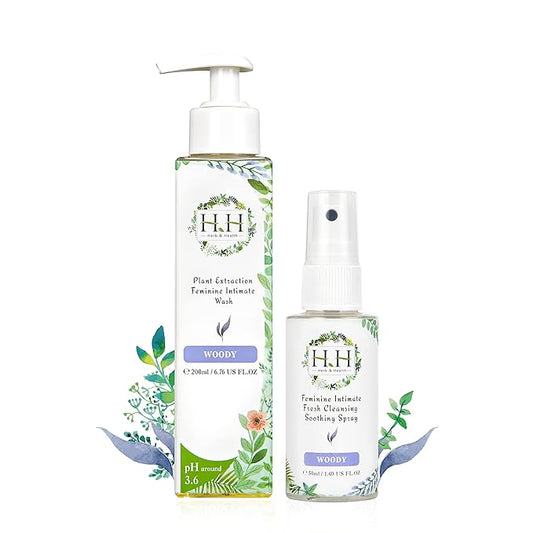 HH Herb&Health Feminine Wash and Deodorant Spray Set, pH 3.6 Intimate Cleanser and Odor Control Mist, Natural Essential Oils, Alcohol Free, For Daily Freshness and Sensitive Skin -Woody scent