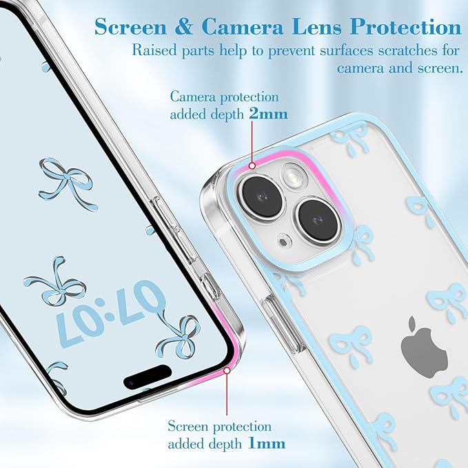 EYZUTAK Case for iPhone 13, Clear Cute Ribbon Bowknot Pattern Aesthetic Transparent Phone Case Raised Camera Protection Stylish Slim Soft Durable TPU Protective Cover for Women Girls - Blue