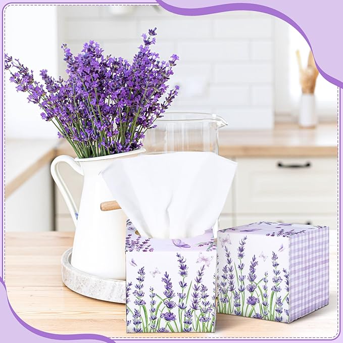 12 Pack Summer Lavender Facial Tissues Cube Boxes 600 Sheets 3 Ply Small Purple Flower Floral Face Tissues Bulk for Summer Car Bedroom Supplies
