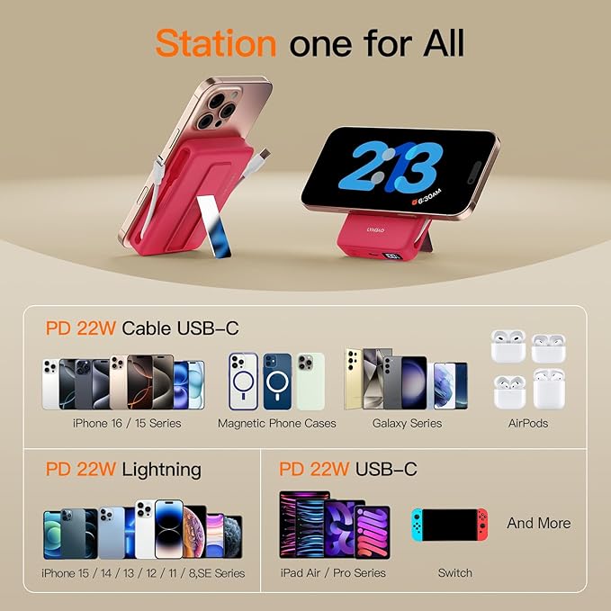 2025 Magnetic Battery Pack 16800mAh Mobile Power Bank, Portable Charger with Foldable Stand and Built-in Cable, 20W USB-C Fast Charging, Suitable for iPhone 17/16/15/14/13/12 Series