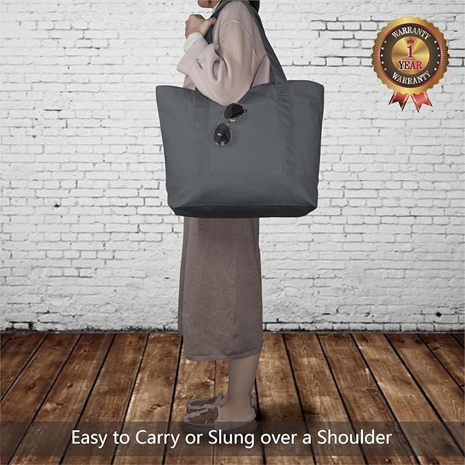 TOPDesign 6-Pack Canvas Tote Bags with an External Pocket, Reusable Grocery Shopping Bags, Top Zipper Closure, Daily Essentials (Grey)