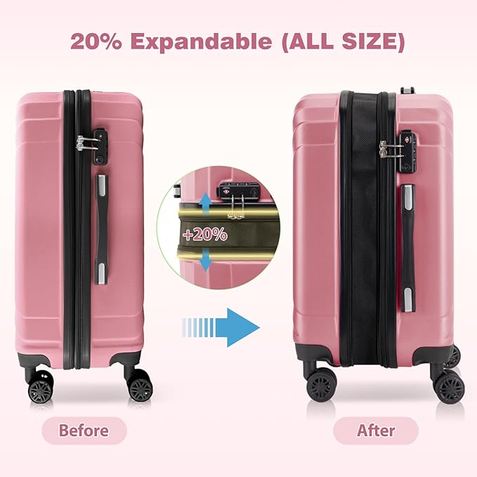 AnyZip Expandable Luggage, 24 Inch Hard Shell Checked Suitcase, Rolling Lightweight Travel Suitcases with Wheels TSA Lock (Pink)