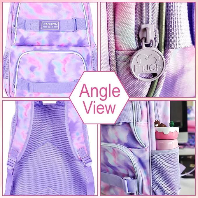 17 Inches Backpack for Girls Women, 3Pcs Tie-dye College School Bookbag Set for Teens Students, Water Resistant Laptop Backpacks with Lunch Bag(Purple)