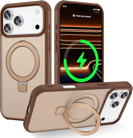 Magnetic Compatible with iPhone 17 Pro Max Case with Stand [Military Grade Drop Tested][Compatible with Magnet] Ring Translucent Slim Hard Back Soft Edge, Desert Gold