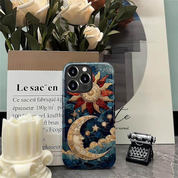 Case for iPhone 12 Pro Max Case,Sun Moon Stars Faux Stained Glass Design Hybrid Dual Protection Silicone + Hard PC Shockproof Full Body Cover,Slim Anti-Scratch Protective for Men Women