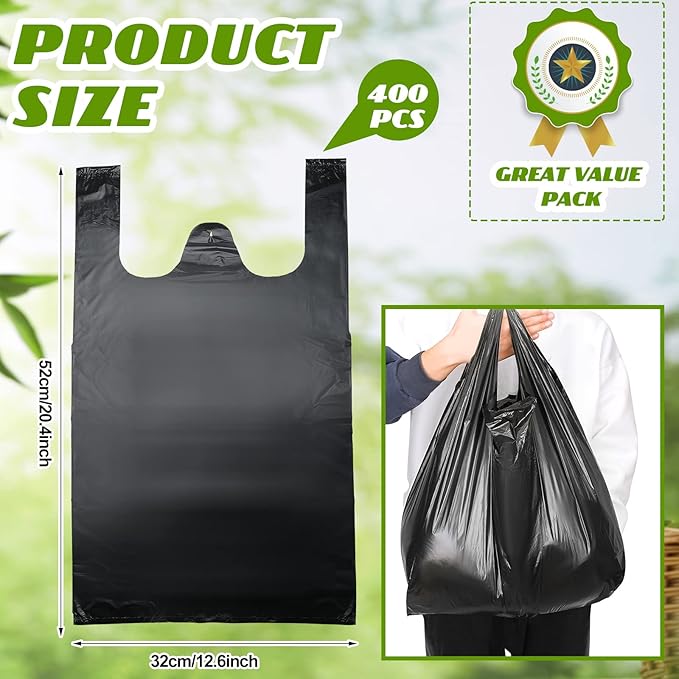 Kisston 400 Count Jumbo Size Plastic T Shirt Bags with Handles, 35 Mic, XX Large Plain Plastic T Shirt Grocery Bags, Thick and Heavy Duty (Black,20" x 12")