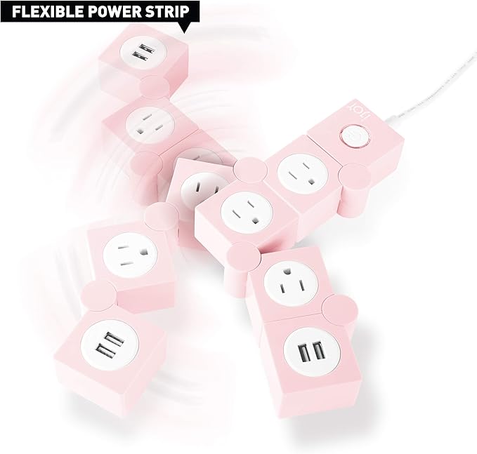 iJoy Flexible Power Strip - 3 AC Outlets and 2 USB Charging Ports with Pink Extension Cord, Power Strips with Surge Protection, Decorative Surge Protector Outlet Extender for Home, Office, and More