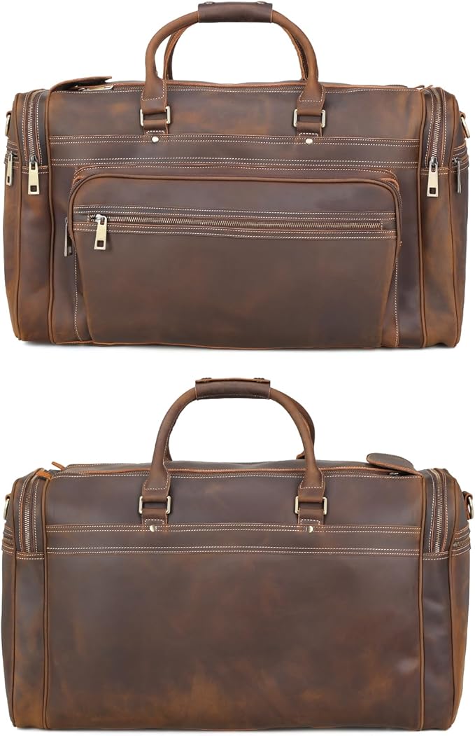 Polare 24" Retro Full Grain Leather Duffel Weekender Travel Overnight Luggage Bag With YKK Metal Zippers