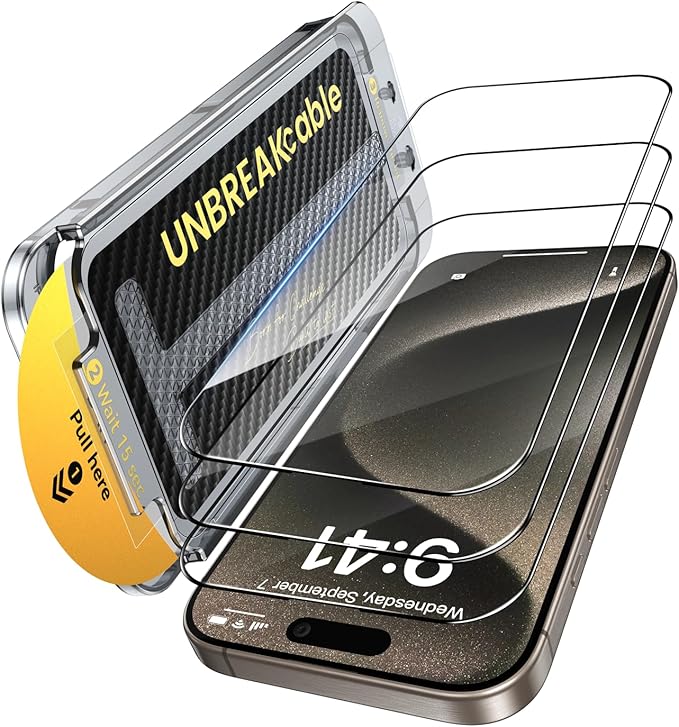 UNBREAKcable 3-Pack Screen Protector for iPhone 15 Pro Tempered Glass - [One-Pull Perfection] [Auto Dust-Elimination] [9H+ Hardness] [99.99% HD Clear] Full Coverage for iPhone 6.1 inch