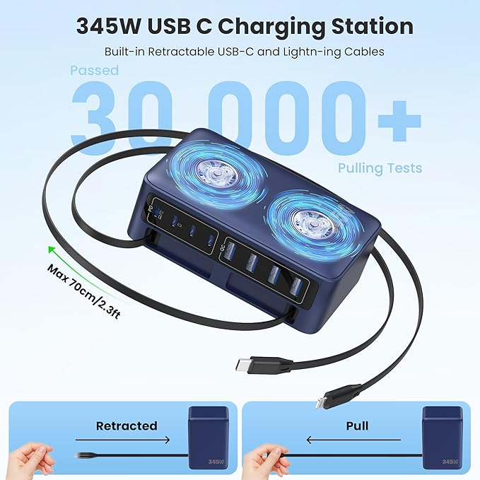 345W USB C Charger Block with 2 Built-in Retractable Cables,10-in-1 GaN IV USB C Charging Station,PD 65W Laptop Charger Power Adapter for MacBook Pro/Air,DELL,iPhone17/16/15/14,Galaxy S24,Android etc