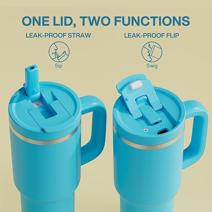 40 oz Tumbler with Handle and Straw: Stainless Steel Insulated Tumbler Keeps Cold for 24 Hours, Leakproof Travel Cup Fits in Cup Holder and BPA-Free, Azure Blue