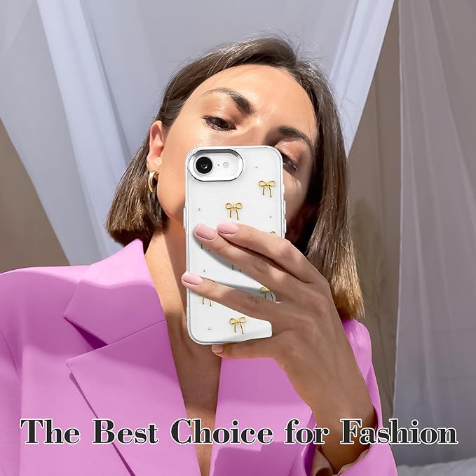 EYZUTAK Case for iPhone 16e, Bling Glitter 3D Bowknot Phone Case Cute Sparkly Crystal Clear Bow Aesthetic Design Cover Slim Soft Durable TPU Transparent Protective Cover for Women Girls - Gold Bow