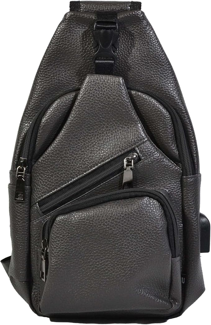 Milan Anti-Theft Daypack Crossbody Sling Backpack, Vegan Leather, USB Charging Connector Port, Lightweight Day Pack for Travel, Hiking, Everyday, Large, Slate