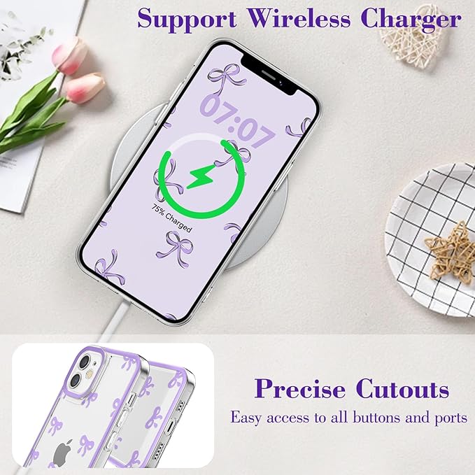 EYZUTAK Case for iPhone 12, Clear Cute Ribbon Bowknot Pattern Aesthetic Transparent Phone Case Raised Camera Protection Stylish Slim Soft Durable TPU Protective Cover for Women Girls - Purple