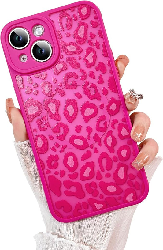 KANGHAR Case for iPhone 15 Hot Pink Leopard Printed Pattern Cute Cheetah [Compatible with Magsafe] Protective Magnetic Case for Girls Women 6.1"