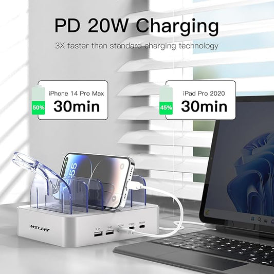 MSTJRY USB C Charging Station for Multiple Devices: 90W 5 Ports Multi Fast Charger for iPhone iPad Tablets Phone Airpods - Charging Dock Organizer with Adjustable Dividers for Home Office Classroom