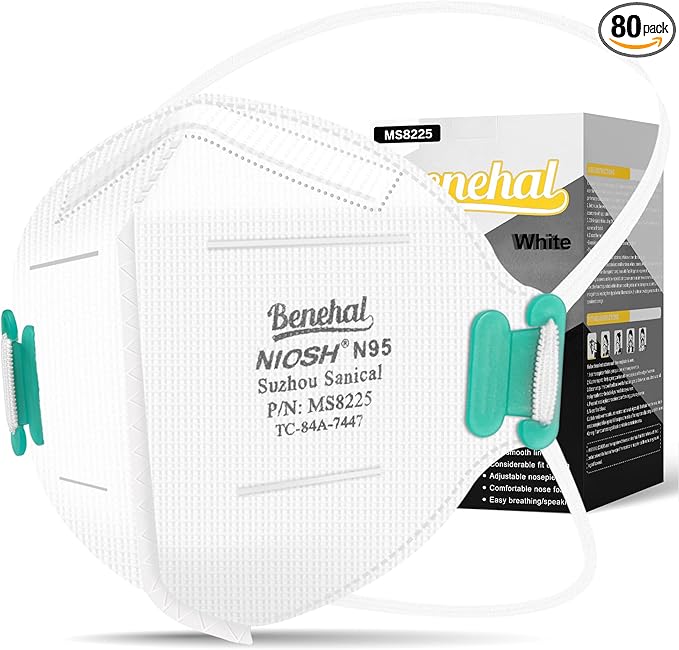 NIOSH Approved N95 Mask Particulate Respirators, Pack of 80 N95 Face Masks, Individually Wrapped,White