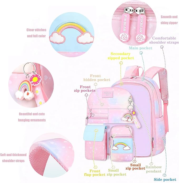 Girl Backpack for School Kids, Pink Cute Bookbag with Lunch Box Rainbow Elementary School Bag Pencil Case (Purple,3Pcs Set)