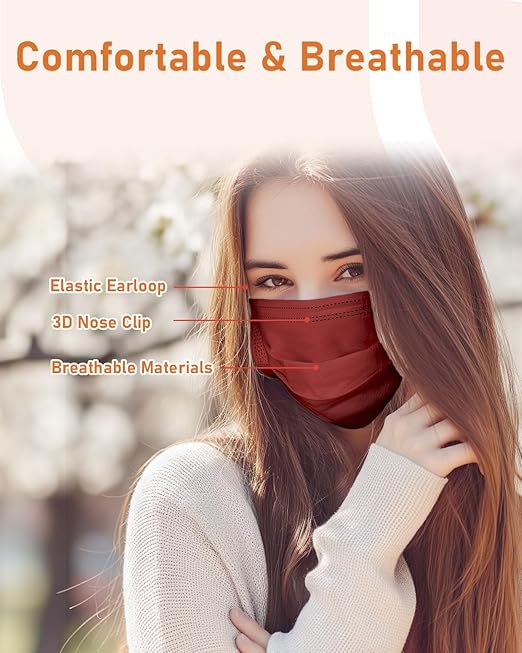 Face Masks Disposable 100 Pack, 4 Ply ASTM Level 3 Medical Grade, FSA/HSA Eligible, Breathable for Adult Outdoor Protection, Individually Wrapped for Home, School & Office, Burgundy