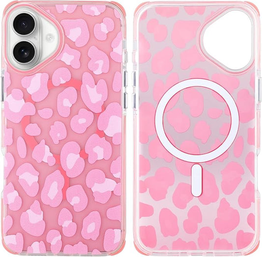 SAKUULO Magnetic for iPhone 16 Case Pink Leopard Print Pattern [Compatible with MagSafe] [with Screen Protector] Wireless Charge Strengthen Protection Cover, Pink Leopard (6.1")