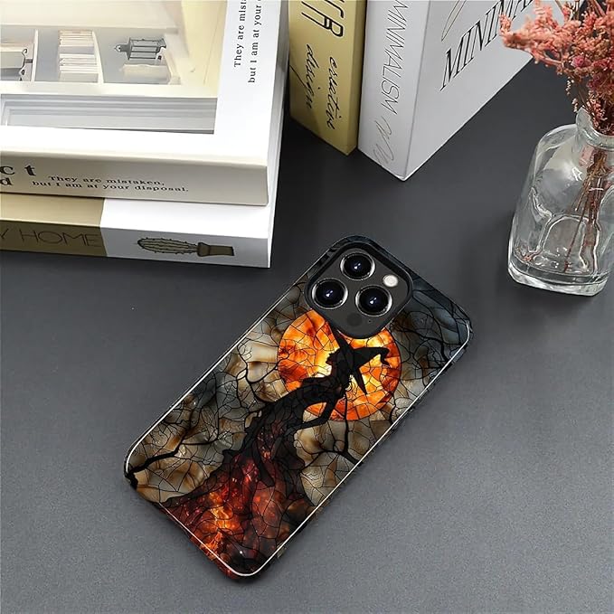 Case for iPhone 15 Pro Max Case,Halloween Witch Moon Stained Glass Design Hybrid Dual Protection Silicone + Hard PC Shockproof Full Body Cover,Slim Anti-Scratch Protective for Men Women
