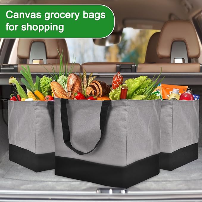 3 Pack Reusable Grocery Bags Heavy Duty, 8.3 gal Foldable Large Canvas Tote Bag with Handles, Holds 60 lbs Eco-friendly Bags with 5 Pockets, Grey+Black