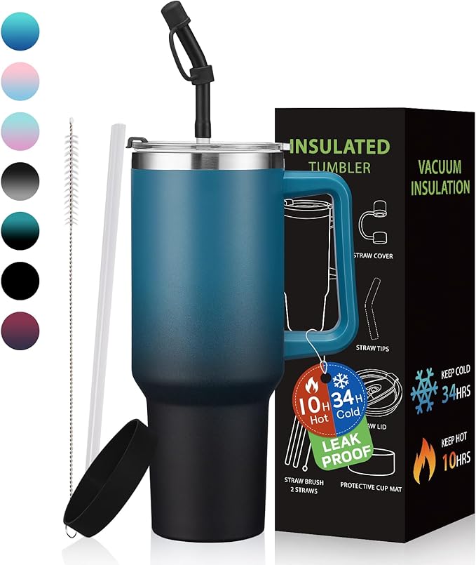 BENZZO 40 oz Tumbler with Handle and Straw Lid Travel Mugs Insulated for Hot and Cold Water Bottle Stainless Steel Coffee Cups