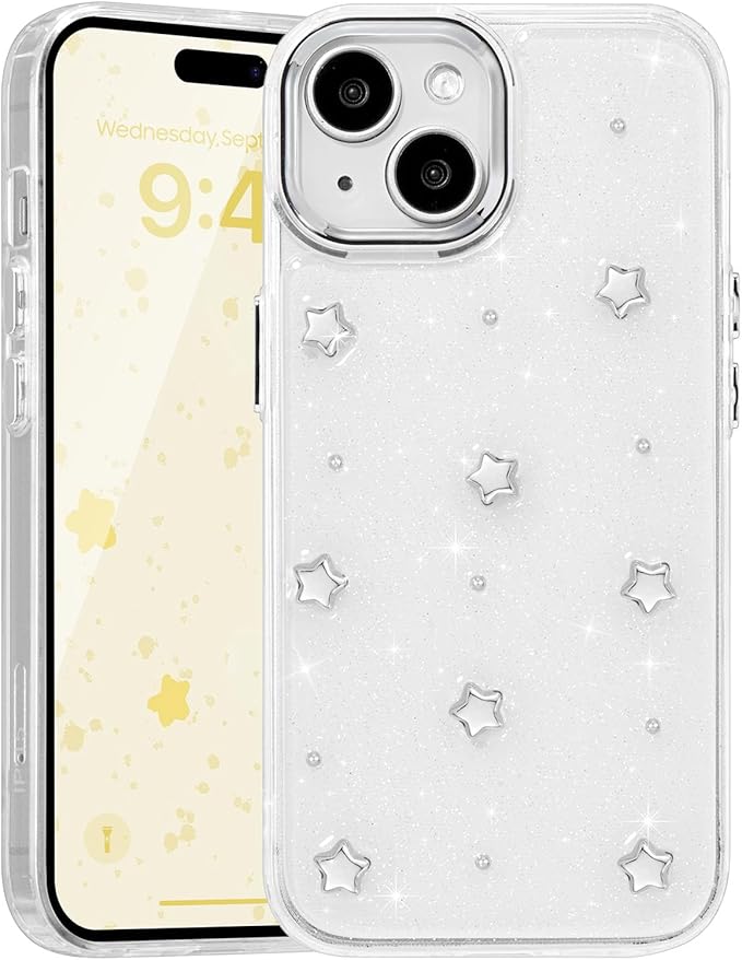 EYZUTAK Case for iPhone 13/iPhone 14, Bling Glitter 3D Stars Phone Case Cute Sparkly Crystal Clear Star Aesthetic Design Case Slim Soft Durable TPU Transparent Protective Cover for Women Girls - Star