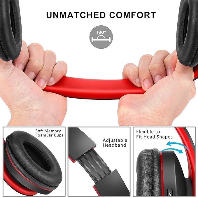 ZIHNIC Bluetooth Headphones Over-Ear, Foldable Wireless and Wired Stereo Headset Micro SD/TF, FM for Cell Phone,PC,Soft Earmuffs &Light Weight for Prolonged Wearing (Black/red)