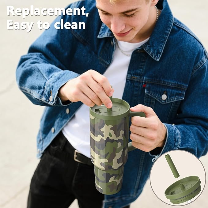 TILUCK 40 oz Tumbler with Handle, Vacuum Insulated Stainless Steel Travel Mug with 100% Leak-Proof Silicone Straw Lid, Cupholder Friendly Water Bottle(Camouflage, 40oz)