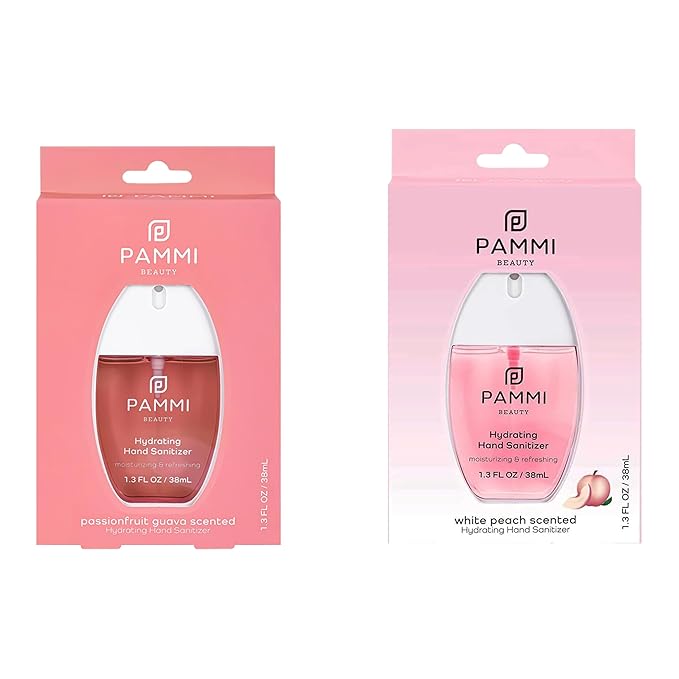 PAMMI Hand Sanitizer Spray Travel Size - Mini Scented Hand Sanitizer Spray Quicky Dry, Pocket Scented Hand Saniztier - 600-Sprays (2 Packs (Guava and White Peach))