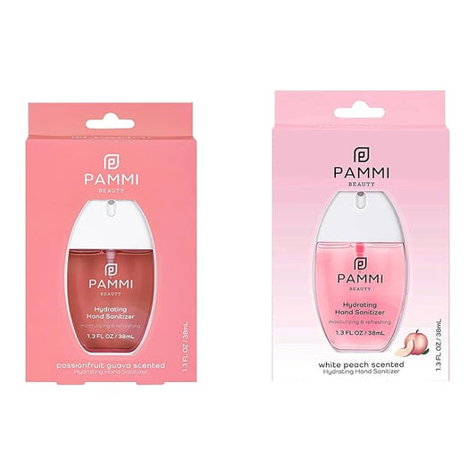 PAMMI Hand Sanitizer Spray Travel Size - Mini Scented Hand Sanitizer Spray Quicky Dry, Pocket Scented Hand Saniztier - 600-Sprays (2 Packs (Guava and White Peach))