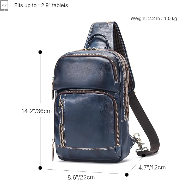 LANNSYNE Full Grain Leather Sling Bag For Men, Crossbody Bag fits 12.9" iPad Crossbody Chest Daypack