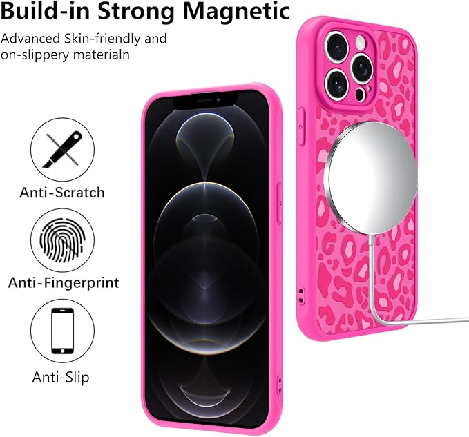 KANGHAR Case for iPhone 12 Pro Hot Pink Leopard Printed Pattern Cute Cheetah [Compatible with Magsafe] Protective Magnetic Case for Girls Women 6.1"