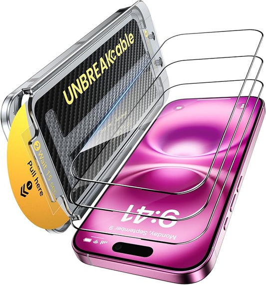 UNBREAKcable 3-Pack Screen Protector for iPhone 16 Plus Tempered Glass - [One-Pull Perfection] [Auto Dust-Elimination] [9H+ Hardness] [99.99% HD Clear] Full Coverage for iPhone 6.7 inch