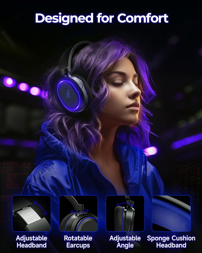 Wireless Gaming Headset, 7.1 Surround Sound, 2.4GHz USB Gaming Headphones with Bluetooth 5.4, 100H Battery, ENC Noise Canceling Mic, RGB Light, Wireless Headset for PC PS5 PS4 Mac Switch (Black-Blue)