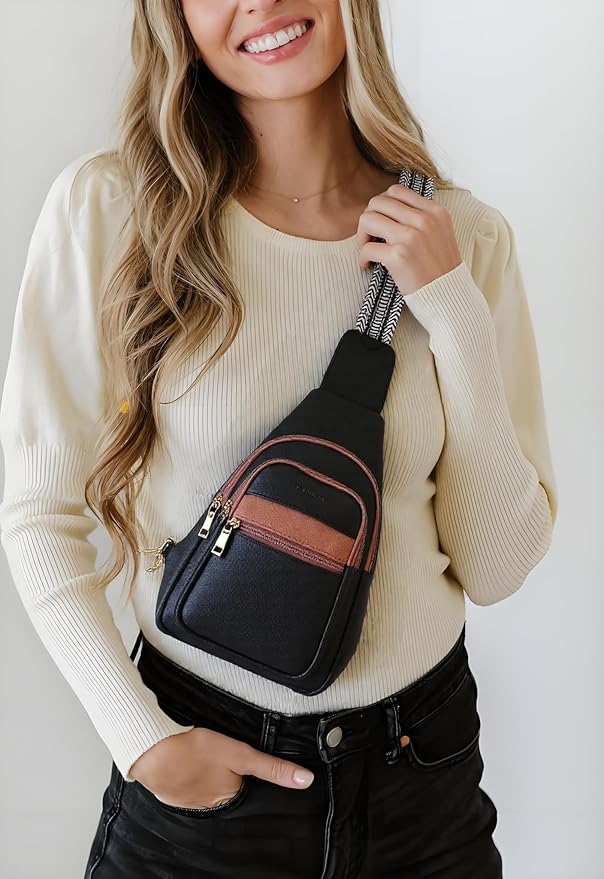 Sling Bag for Women Vegan Leather Fanny Pack Small Crossbody Purse Anti Theft Chest Bag for Travel Black & Brown