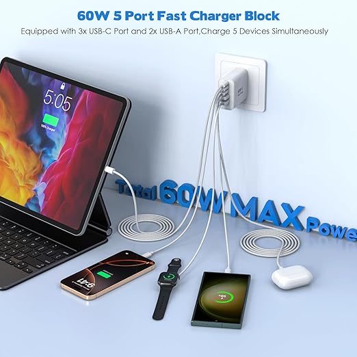 10Foot iPhone 17/16/15 Cord Fast Charging,2Pack Super Quick 35W i Phone USBC Charging Block 5-Port Phone Plug Long 10FT Type C Woven Cable for i Phone17/17 Air,iPhone 16e/16/15/15Pro,iPad Pro/Air/Mini