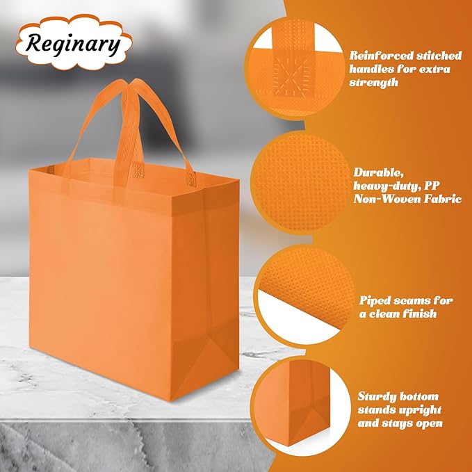 Reginary Reusable Totes Bags - 100 Pcs Non Woven Grocery Handle Bags for Shop Events & Retail Store (Orange)