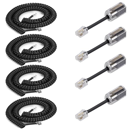 4Pack 8Ft Uncoiled / 1.4Ft Coiled Telephone Handset Cord with 4 Pack 360 Degree Rotating Landline Cable Detangler Swivel Cord Untangler Telephone Accessory