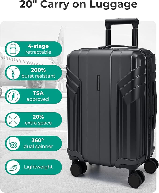 BAGSMART Expandable Carry On Luggage 22x14x9 Airline Approved, 1OO% PC Lightweight Hard Shell Suitcase, 20 Inch Travel Luggage with Spinner Wheels, Waterproof Rolling Suitcase, Black
